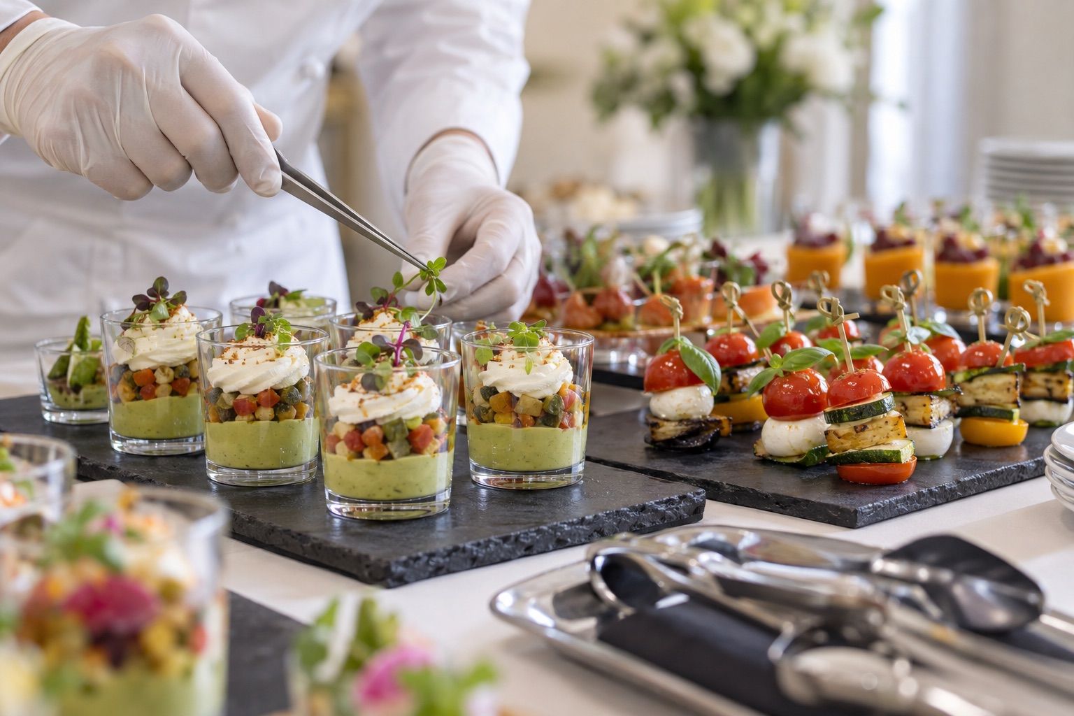 Rangées de verrines et mini-brochettes sur des ardoises, avec pinces de service.