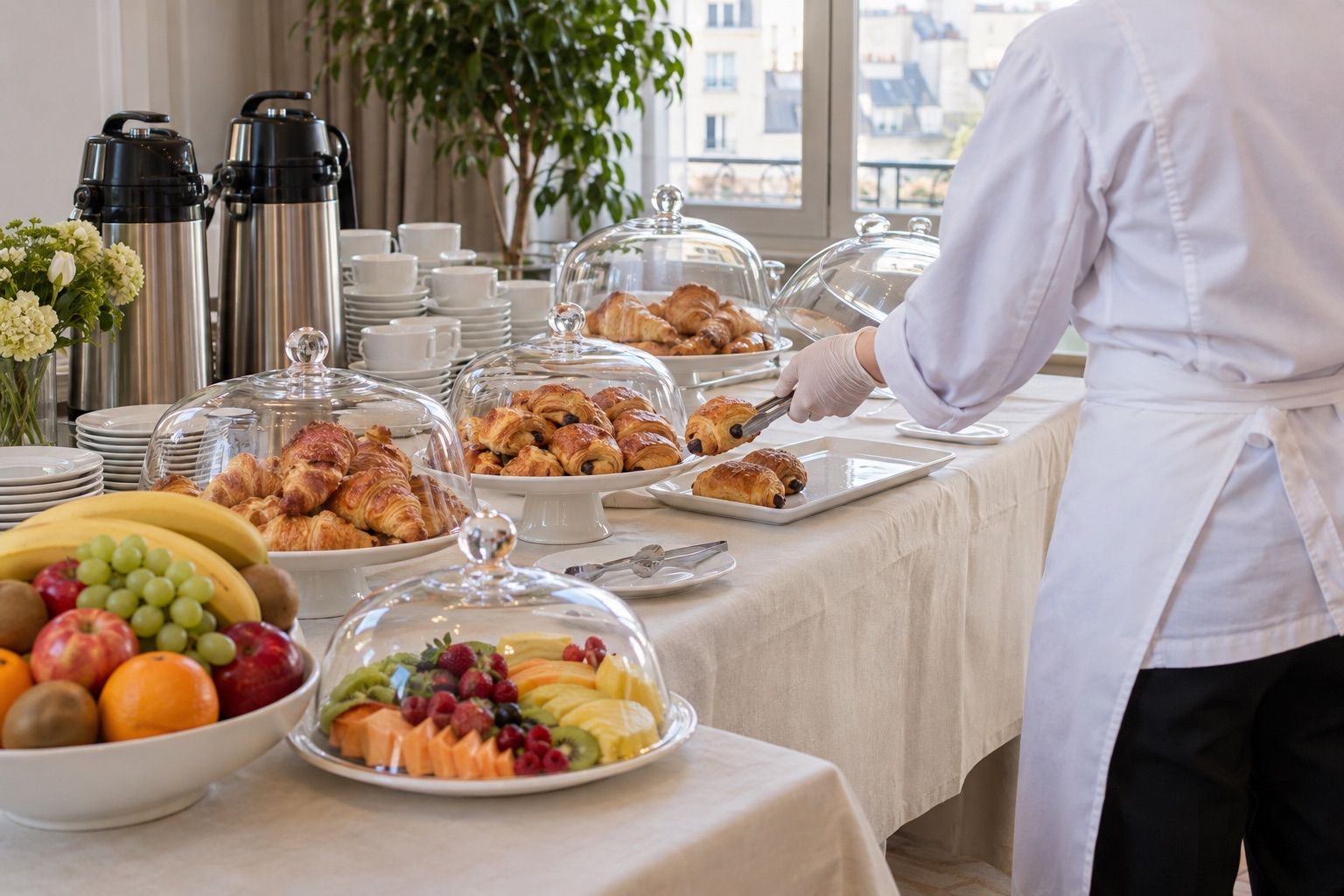Buffet de petit-déjeuner pour séminaire avec viennoiseries sous cloches, urnes à café et fruits.