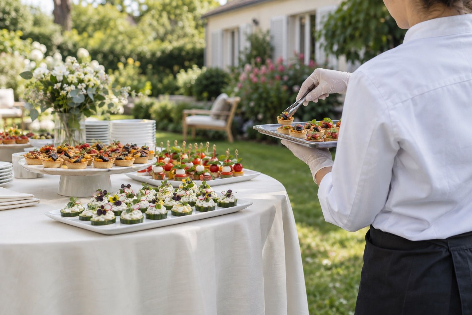 Mange-debout nappé au jardin, plateaux de canapés, serveur en veste blanche tenant un plateau.