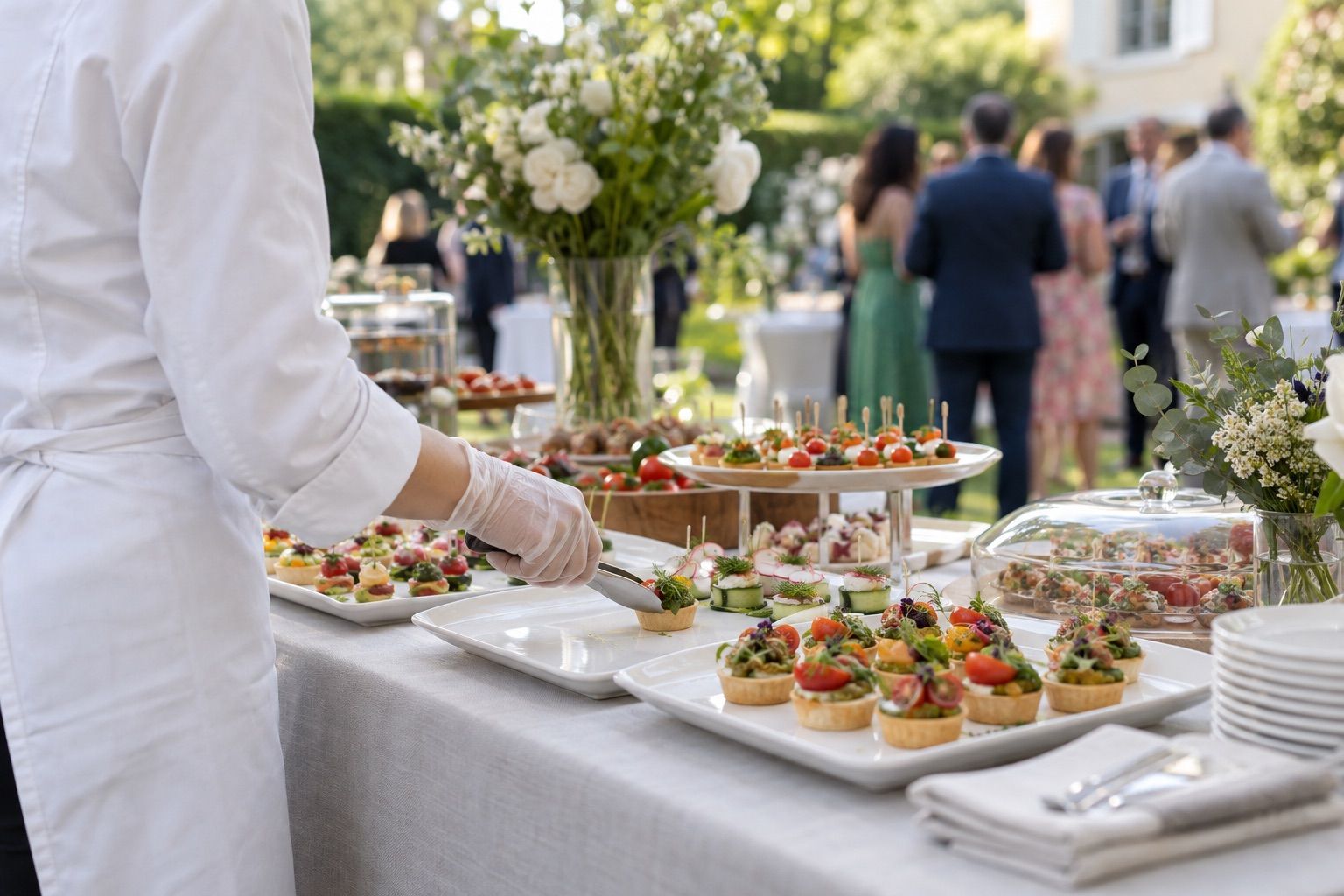 Buffet de vin d’honneur au jardin, serveur avec pince, invités flous en arrière-plan lointain.