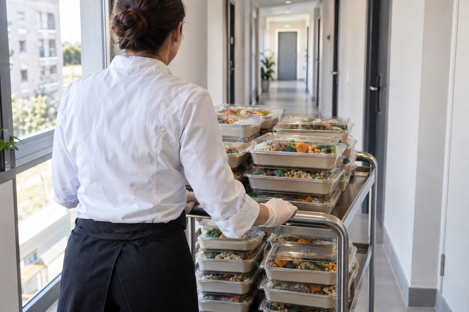 Boîtes-repas scellées empilées sur un chariot de livraison dans un couloir de bureaux.