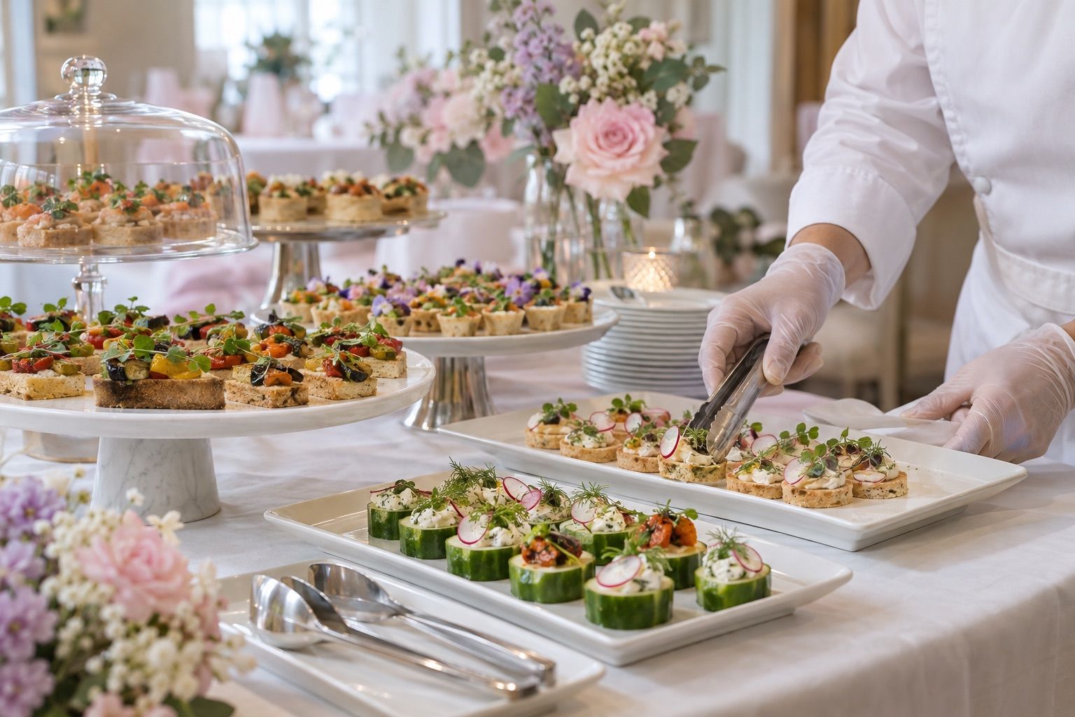 Table de réception de baptême avec fleurs pastel, canapés et pinces de service.